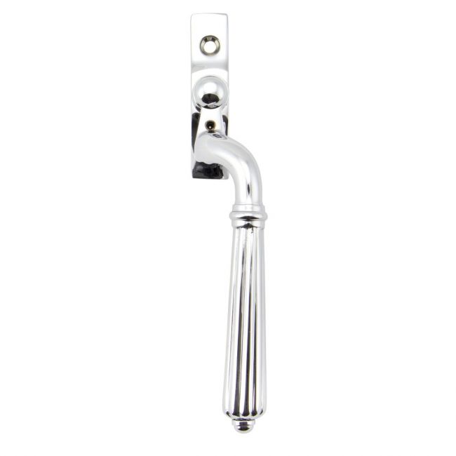 The Right Handed Polished Chrome Reeded Georgian Espagnolette Window Handle on a White Background 