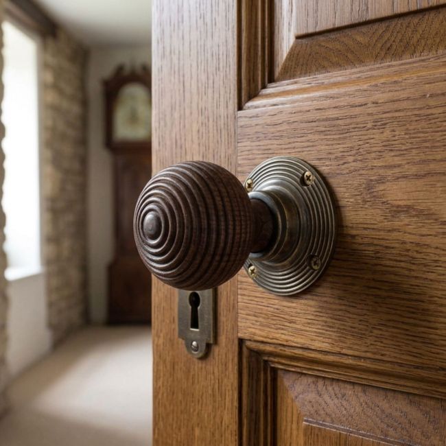 The Rosewood & Antique Brass Door Knob Set on a Wooden Door to a Traditional Living Room - Digital Illustration