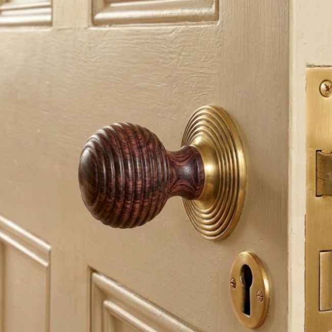 The Rosewood Door Knobs & Polished Brass Roses on a Cream Coloured Door in a Family Home - Digital Illustration