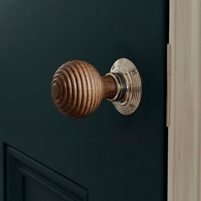 The Rosewood & Polished Nickel Door Knob Set on a Blue Wooden Door in a Contemporary Home - Digital Illustration 