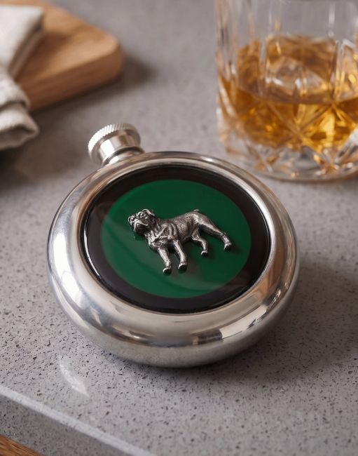 The Rottweiler Whiskey Flask next to a Glass of Whisky on a Countertop - Digital Illustration