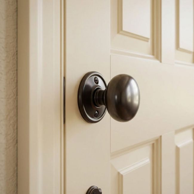 The Round Bronze Door Knob Set on a Cream Coloured Door in a Sunny Home Corridor - Digital Illustration