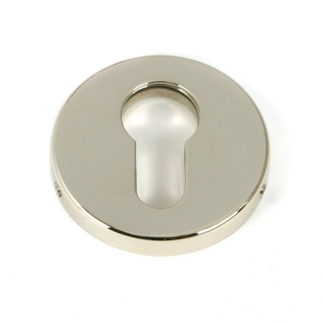 The Round Concealed Euro Profile Escutcheon - Polished Nickel on a White Background 