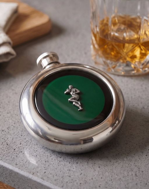 The Rugby Whiskey Flask next to a Tumbler Glass of Whisky - Digital Illustration