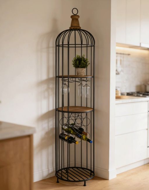 The Rustic Bird Cage Shelving Wine Rack Unit placed in the Corner of. Living Room with Wine Bottles and Glasses - Digital Illustration 