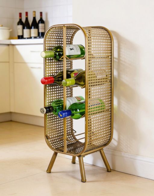 The Rustic Metal Rattan Wine Bottle Rack Displayed in a Contemporary Kitchen with Wine Bottles - Digital Illustration