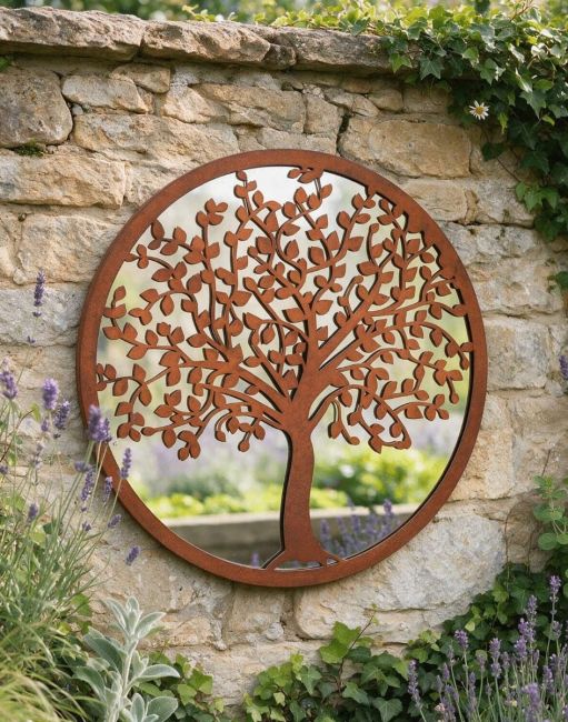Digital Illustration of the Rustic Steel Mirrored Wall Art With Oak Tree Mounted on a White Exterior Wall Digital Illustration of the Rustic Steel Mirrored Wall Art With Oak Tree Mounted on a White Exterior Wall