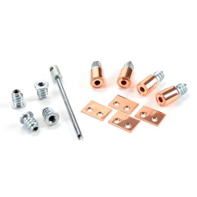 The Sash Window Lockable Security Stops (Pack of 4) in Polished Bronze with all components on a White Background The Sash Window Lockable Security Stops (Pack of 4) in Polished Bronze with all components on a White Background
