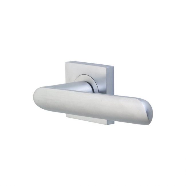 The Satin and Polished Chrome Square Rose Door Handles - Curved Lever Pair on a White Background 