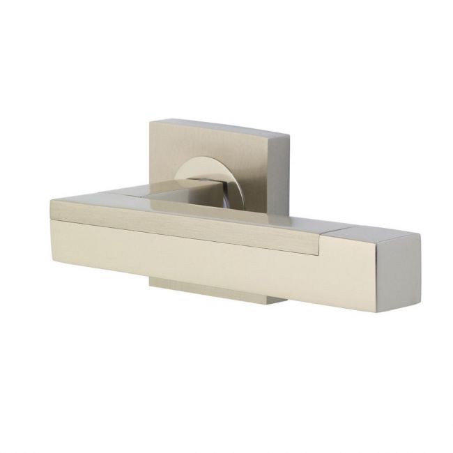 The Satin and Polished Nickel Square Rose Door Handles - Modern Lever Pair on a White Background