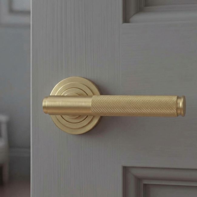 Satin Brass "Royale" Art-Deco Concealed Door Handle on Rose Set