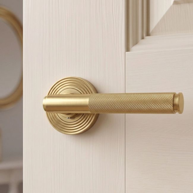Satin Brass "Royale" Beehive Concealed Door Handle on Rose Set