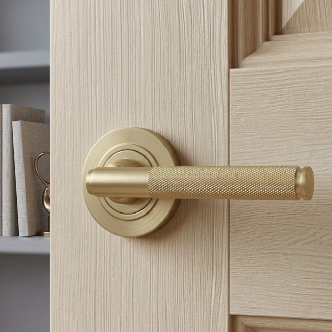 Satin Brass "Royale" Concealed Door Handle on Rose Set