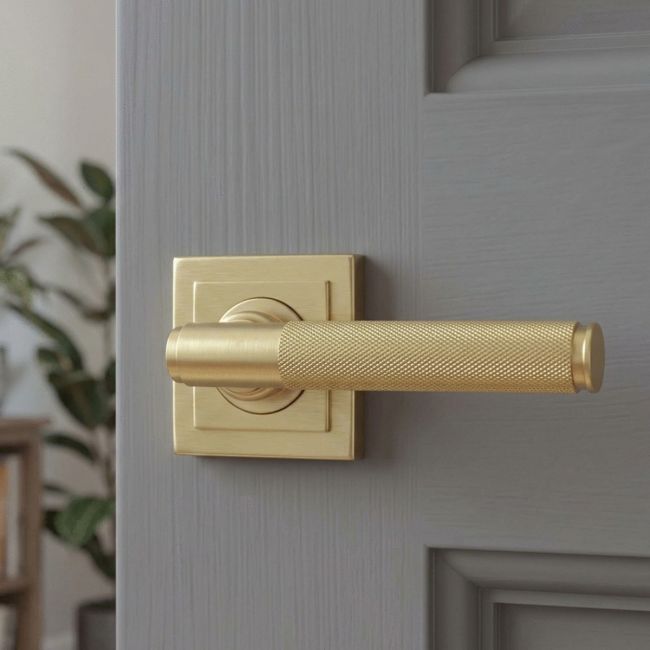 Satin Brass "Royale" Square Unsprung Door Handle on Rose Set