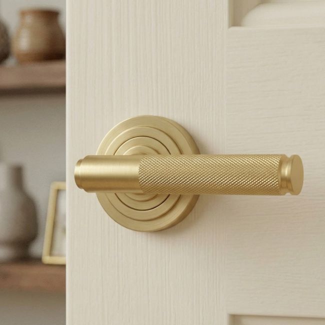 Satin Brass "Royale" Unsprung Art-Deco Door Handle on Rose Set