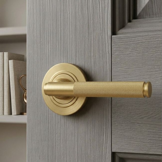 Satin Brass "Royale" Unsprung Door Handle on Rose Set