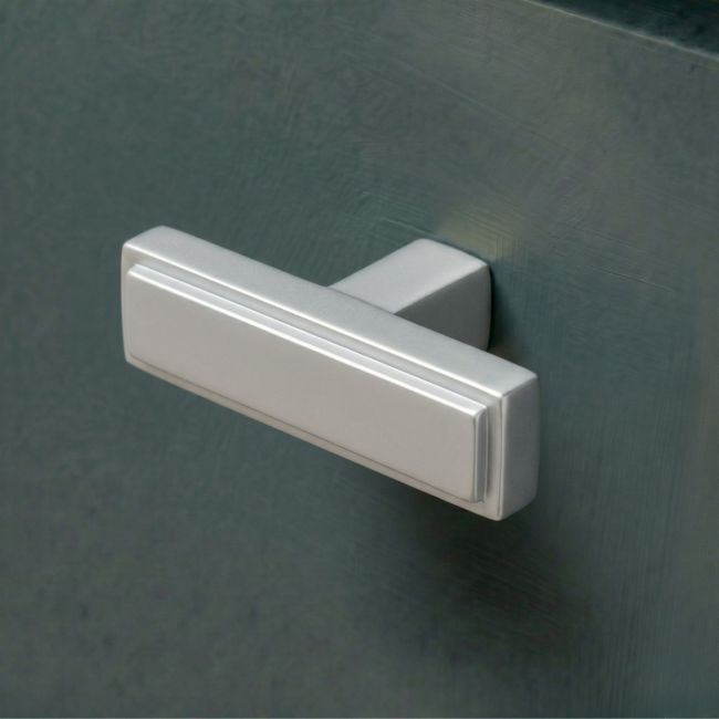 The "Emerson" Rectangular T-Bar Cabinet Pull Handle in a Satin Chrome Finish on a White Background Shown at an Angle The "Emerson" Rectangular T-Bar Cabinet Pull Handle in a Satin Chrome Finish on a White Background Shown at an Angle