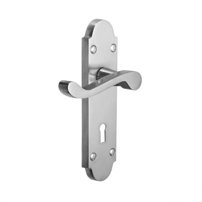 The Satin Chrome Arched Backplate Lock Handles - Victorian Scroll Keyhole Lever Pair on a White Background The Satin Chrome Arched Backplate Lock Handles - Victorian Scroll Keyhole Lever Pair on a White Background