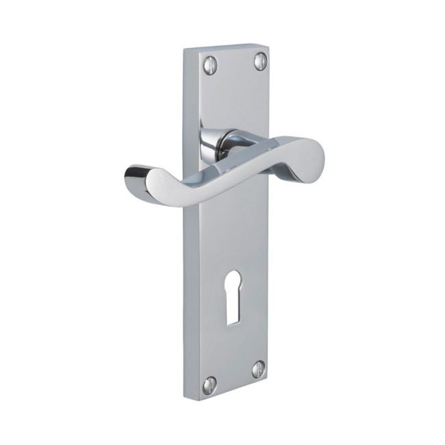 The Satin Chrome Victorian Scroll Lock Door Handles - 150mm Keyhole Lever Pair on a White Background The Satin Chrome Victorian Scroll Lock Door Handles - 150mm Keyhole Lever Pair on a White Background