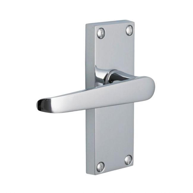 The Satin Chrome Victorian Straight Door Handles - 115mm Lever Latch Pair on a White Background The Satin Chrome Victorian Straight Door Handles - 115mm Lever Latch Pair on a White Background