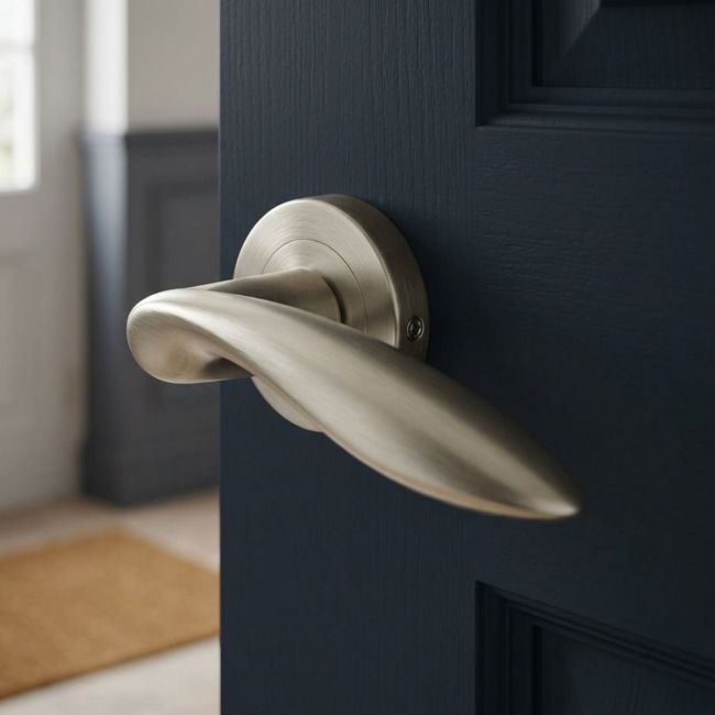 The Satin Nickel Round Rose Door Handles - Elegant Leaf Lever Pair on a White Background