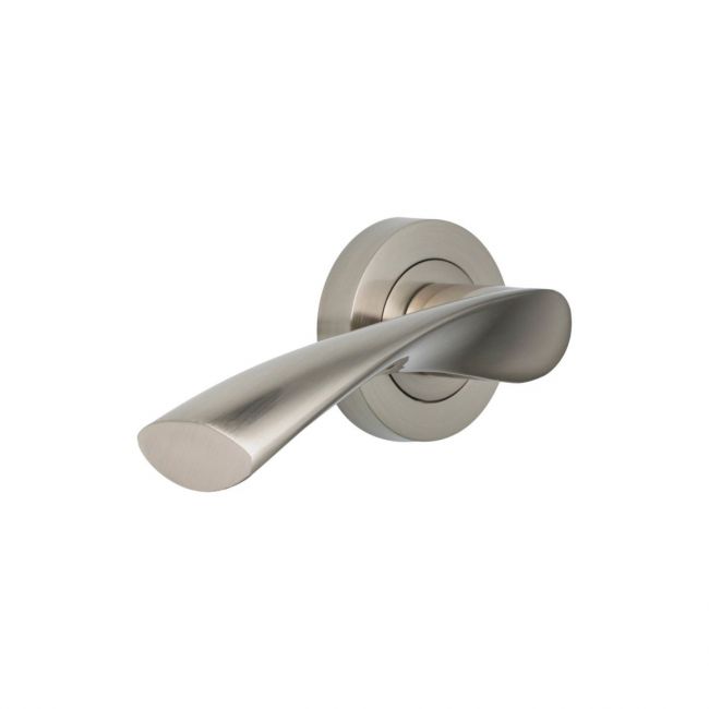 The Satin Nickel Modern Wave Lever Pair on a Round Rose Displayed on a White Background The Satin Nickel Modern Wave Lever Pair on a Round Rose Displayed on a White Background