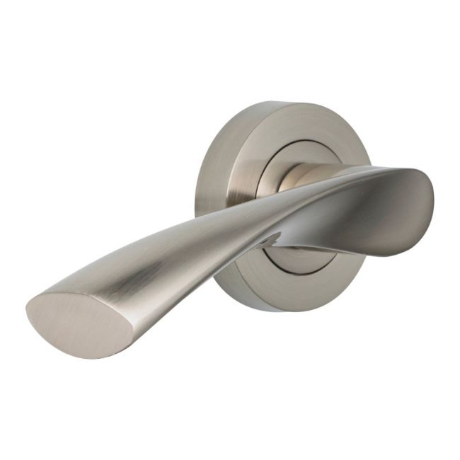 The Graphite Modern Wave Lever Pair on a Round Rose Displayed on a White Background The Graphite Modern Wave Lever Pair on a Round Rose Displayed on a White Background