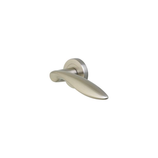 The Satin Nickel Round Rose Door Handles - Elegant Leaf Lever Pair on a White Background The Satin Nickel Round Rose Door Handles - Elegant Leaf Lever Pair on a White Background