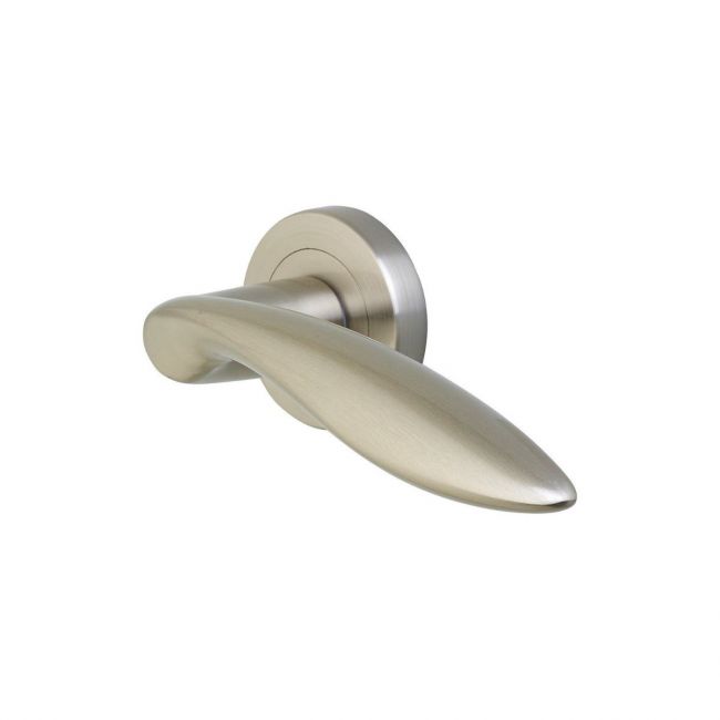 The Satin Nickel Round Rose Door Handles - Elegant Leaf Lever Pair on a White Background The Satin Nickel Round Rose Door Handles - Elegant Leaf Lever Pair on a White Background
