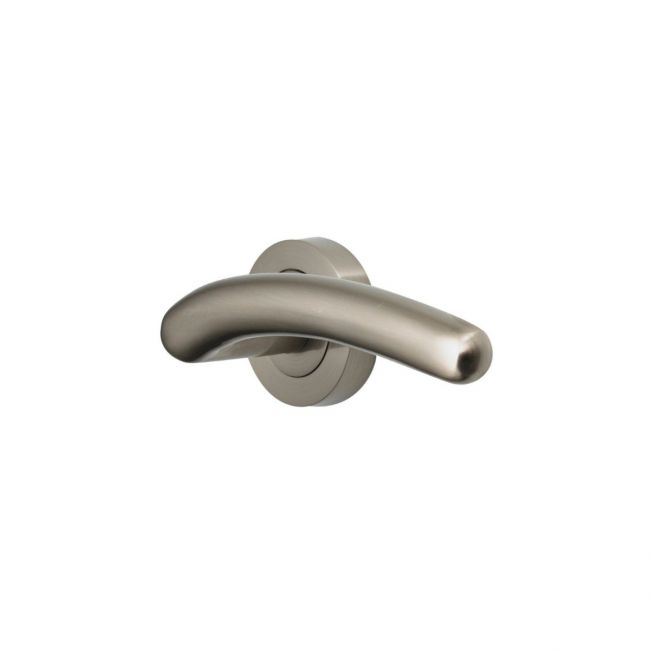 The Satin Nickel Round Rose Door Handles - Modern Arched Lever Pair on a White Background