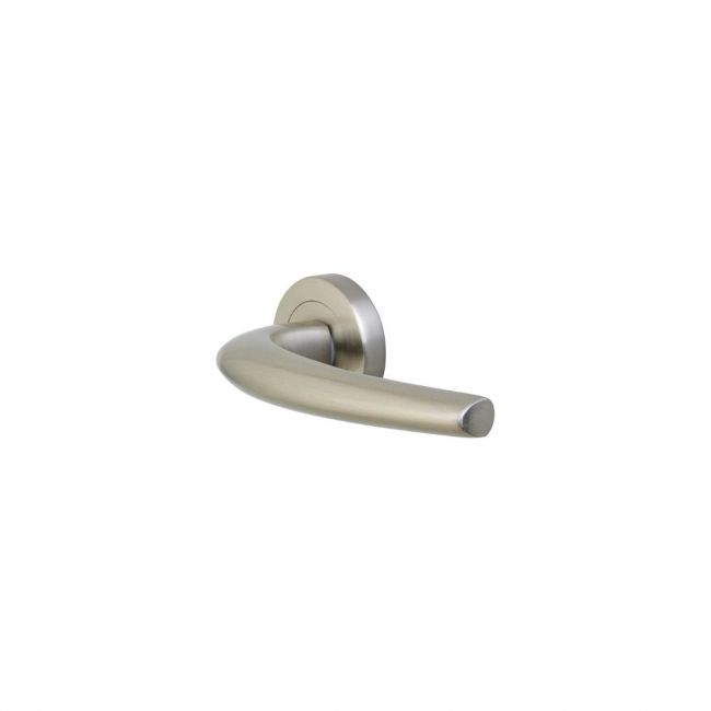 The Satin Nickel Round Rose Door Handles - Modern Crescent Lever Pair on a White Background The Satin Nickel Round Rose Door Handles - Modern Crescent Lever Pair on a White Background