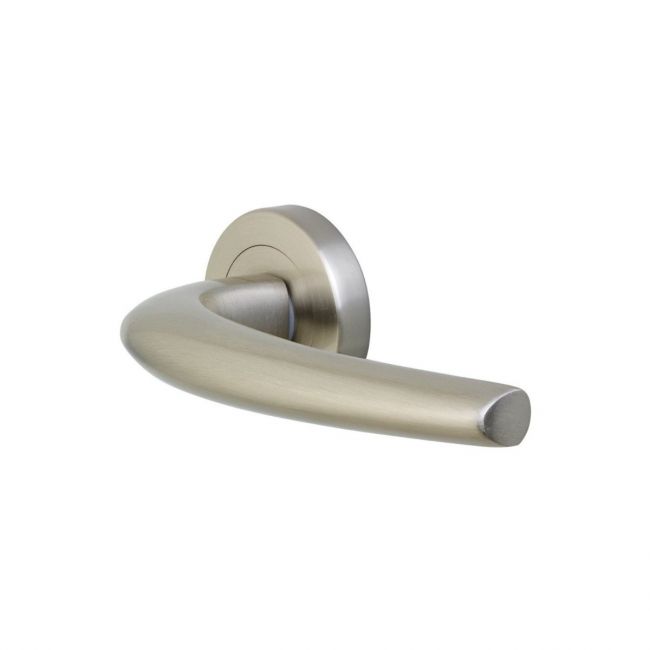 The Satin Nickel Round Rose Door Handles - Modern Crescent Lever Pair on a White Background