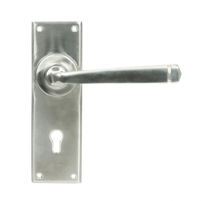 Sleek Architectural Lever Lock Door Handle Set on Plain Backplate - Satin Stainless Steel