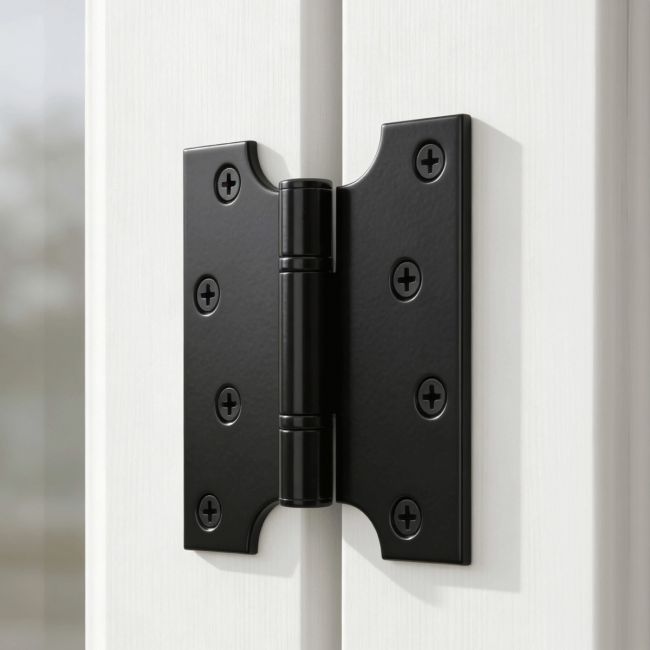 The Short Midnight Black Parliament Hinge Pair Mounted on the Inside of a White Window Frame - Digital Illustration 