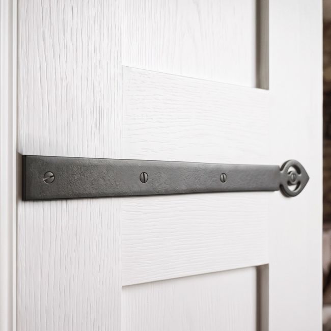 The Simplistic Iron Hinge Front Set on a Brilliant White Coloured Door inside a Contemporary Home - Digital Illustration