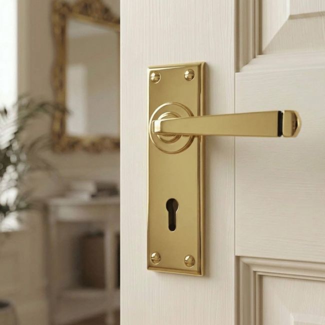 The Aged Brass Sleek Architectural Lever Lock Door Handle Set on Plain Backplate