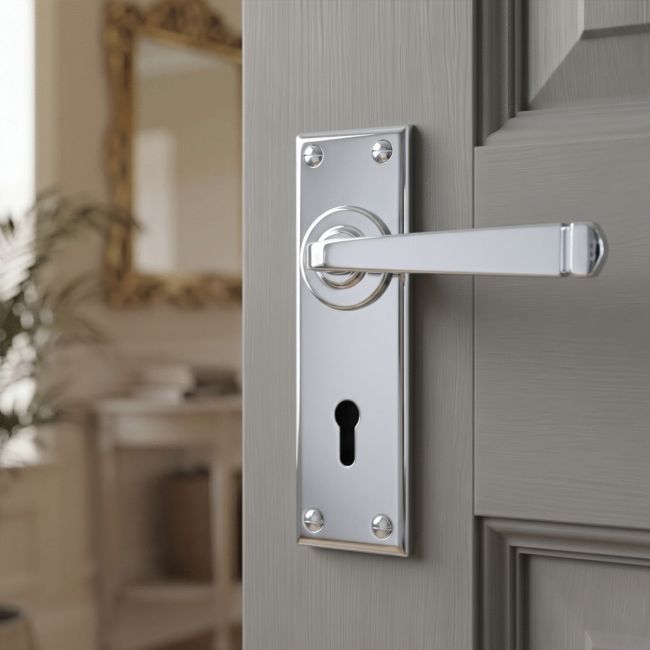 The Polished Chrome Sleek Architectural Lever Lock Door Handle Set on Plain Backplate