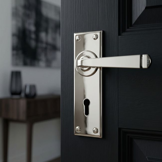 The Polished Nickel Sleek Architectural Lever Lock Door Handle Set on Plain Backplate