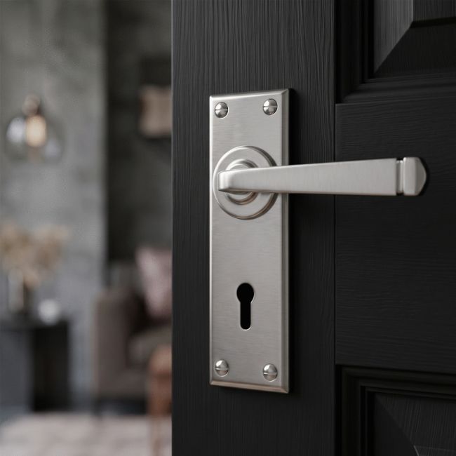 The Satin Stainless Steel Sleek Architectural Lever Lock Door Handle Set on Plain Backplate 