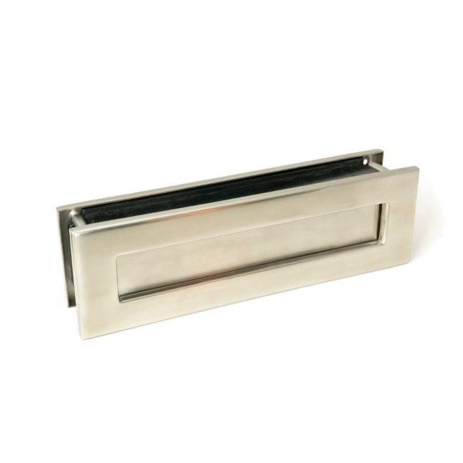The Sleeve & Brush Traditional Letterbox Set in Satin Stainless Steel Shown Stood Upright From the Front
