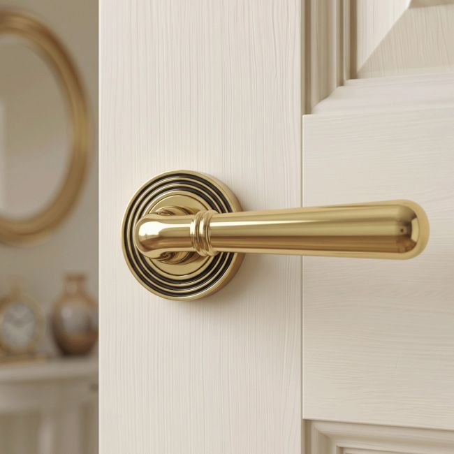 The Slender Classic Reeded Lever on Beehive Rose Set - Aged Brass on a White Background 