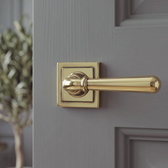 The Slender Classic Reeded Lever on Square Rose Set - Aged Brass on a White Background 