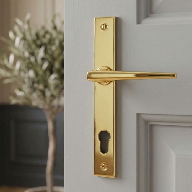 The Slimline Espag Lever Door Handle (92mm Centres) in Polished Brass Fitted onto a Grey Door in a Home Hallway - Digital Illustration