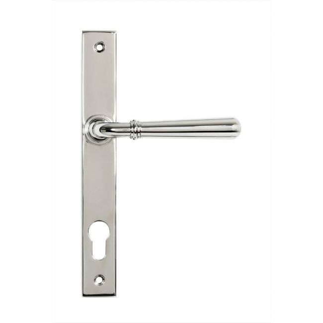 The Slimline Lever Espagnolette Door Handle Set in Polished Stainless Steel Shown with Handle Facing Right on a White Background The Slimline Lever Espagnolette Door Handle Set in Polished Stainless Steel Shown with Handle Facing Right on a White Background