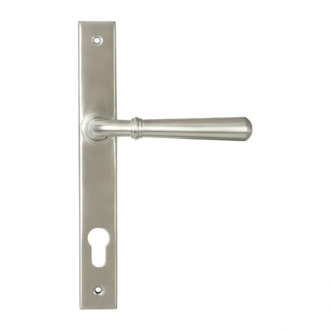 The Slimline Lever Espagnolette Door Handle Set in Satin Stainless Steel Shown with Handle Facing Right on a White Background The Slimline Lever Espagnolette Door Handle Set in Satin Stainless Steel Shown with Handle Facing Right on a White Background