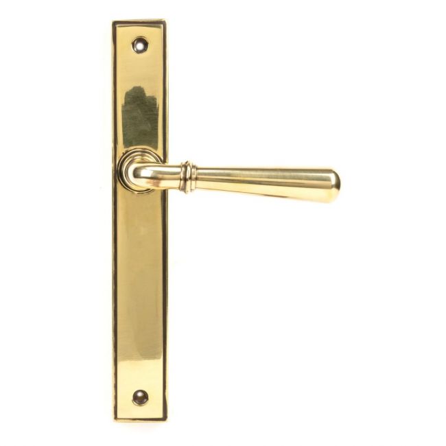 The Slimline Lever Espagnolette Door Latch in Aged Brass on a White Background The Slimline Lever Espagnolette Door Latch in Aged Brass on a White Background