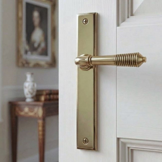 The Slimline Lever Espagnolette Door Latch in Aged Brass Shown on a White Background