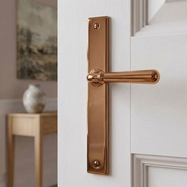 The Slimline Smooth Lever Espagnolette Door Latch in Polished Bronze  on a White Background 
