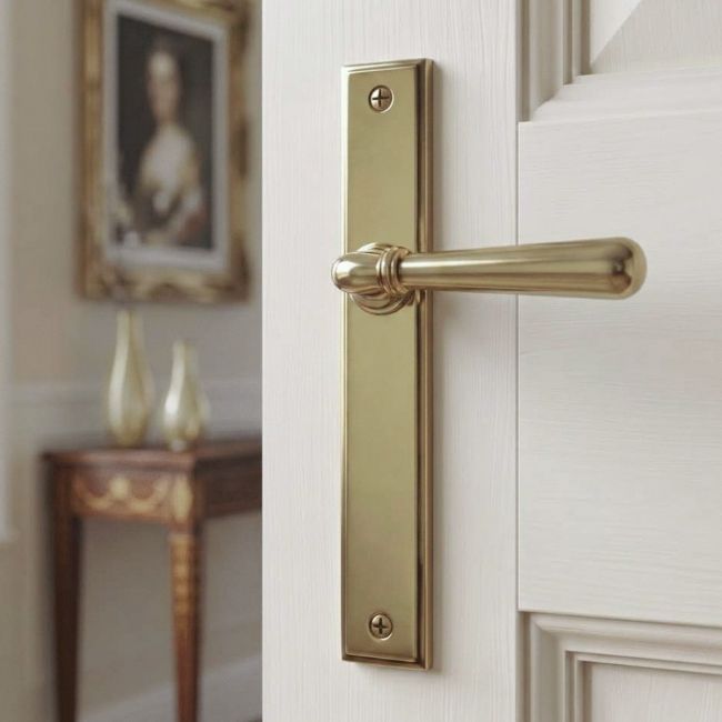 The Slimline Smooth Lever Espagnolette Door Latch in Aged Brass on a White Background 