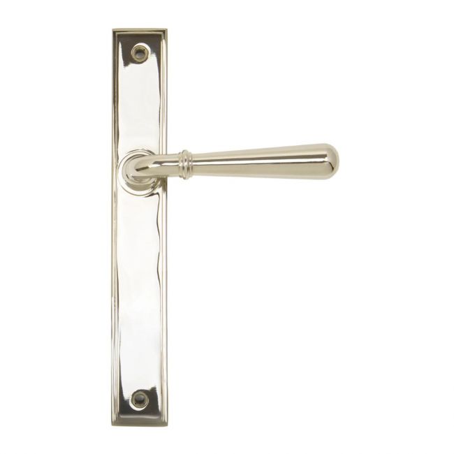 The Slimline Smooth Lever Espagnolette Door Latch in Polished Nickel on a White Background The Slimline Smooth Lever Espagnolette Door Latch in Polished Nickel on a White Background